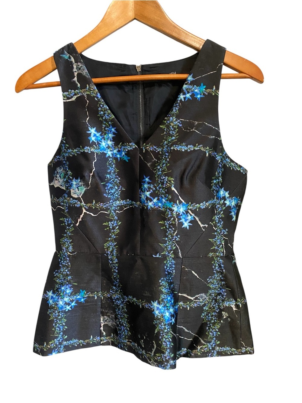 Tibi Black Silk Floral Printed Peplum V Neck Top Size 4 Quit Luxury Old Money